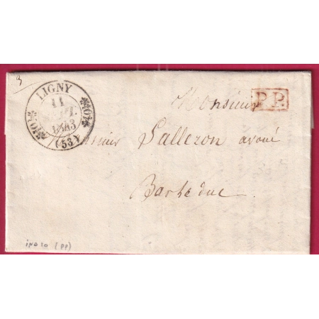CAD TYPE 11 LIGNY MEUSE + PP ROUGE 1843 POUR BAR LE DUC INDICE 10 LETTRE COVER FRANCE