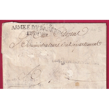 MARQUE ARMEE DU BAS RHIN + GRIFFE COMre gl DE L'ARMEE DU RHIN an3 1795  LETTRE COVER FRANCE