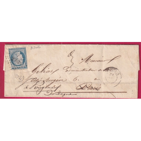 N°4 PC 2402 PERIGUEUX DORDOGNE POUR PARIS REEXPEDIEE PERIGUEUX CACHET DE FACTEUR SUR LE RECTO LETTRE COVER FRANCE