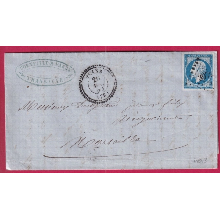 N°14 PC 3972 TRANS VAR CAD TYPE 22 POUR MARSEILLE INDICE 13 LETTRE COVER FRANCE