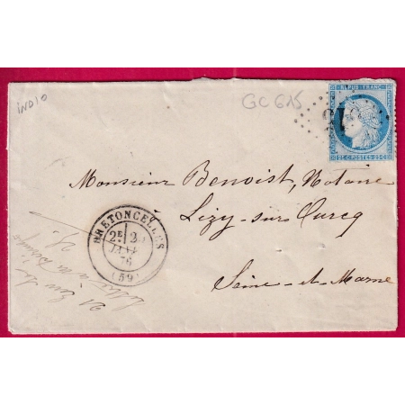 N°60 GC 615 BRETONCELLES ORNE CAD TYPE 17 POUR LIZY SUR OURCQ SEINE ET MARNE INDICE 10 LETTRE COVER FRANCE
