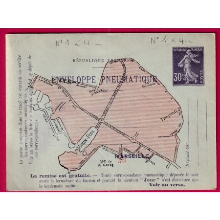 ENTIER POSTAL PNEUMATIQUE 30C SEMEUSE VIOLET MARSEILLE NEUF TTB LETTRE COVER FRANCE