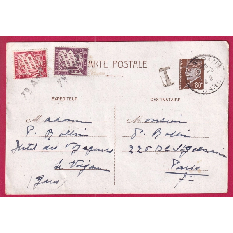 ENTIER POSTAL PETAIN 80C TAXE A 80C LE VIGAN GARD POUR PARIS LETTRE COVER FRANCE