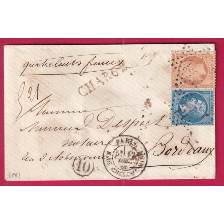 N°22 23 PARIS ETOILE 10 R DU CHERCHE MIDI LETTRE CHARGE POUR BORDEAUX COVER FRANCE