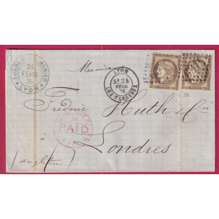 N°56 X2 GC 6316 LYON LES TERREAUX POUR LONDRES ANGLETERRE 1876 LETTRE COVER FRANCE