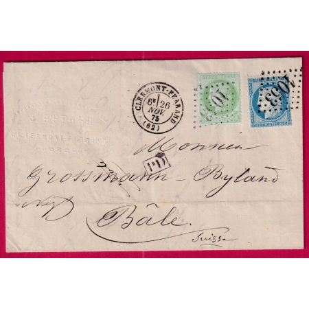N°53 60 GC 1053 CLERMONT FERRAND PUY DE DOME POUR BALE SUISSE 53 FOND LIGNE LETTRE COVER FRANCE