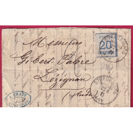 ALSACE LORRAINE N°6 STRASBOURG BAS RHIN 1871 TAXE TAMPON 2 LEZIGNAN AUDE LETTRE COVER FRANCE