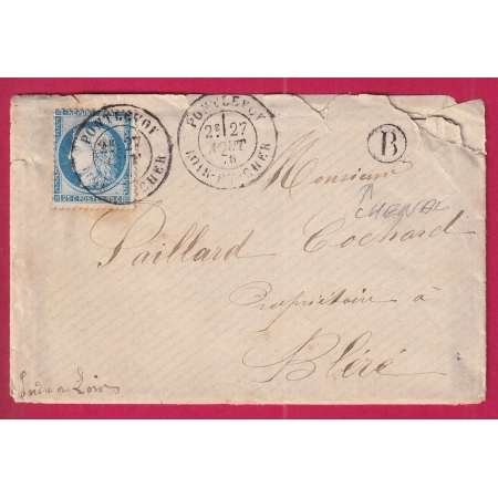 N°60 CAD TYPE 18 PONTLEVOY LOIRE ET CHER BOITE RURALE B THENAY POUR BLERE LETTRE COVER FRANCE