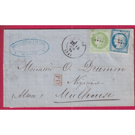 N°53 60 BOLBEC SEINE INFERIEURE POUR MULHOUSE BAS RHIN ALSACE LORRAINE PARIS ETRANGER BLEU LETTRE COVER FRANCE