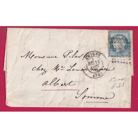 N°60 DU 12 SEPTEMBRE 1871 DATE PRECOCE GC 85 AMIENS SOMME POUR ALBERT LETTRE COVER FRANCE