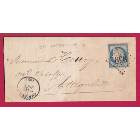 N°60 GC 959 CHATENOIS VOSGES OR HOUECOURT POUR ATTIGNEVILLE LETTRE COVER FRANCE