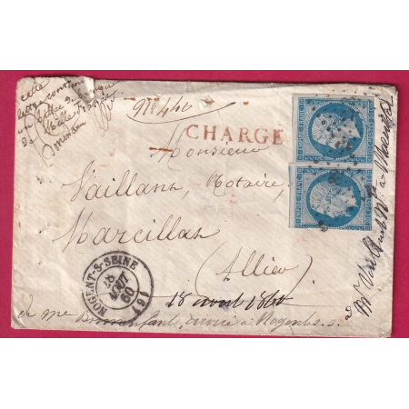 N°14 X2 PC NOGENT SUR SEINE AUBE LETTRE CHARGE POUR MARCILLAT ALLIER LETTRE COVER FRANCE