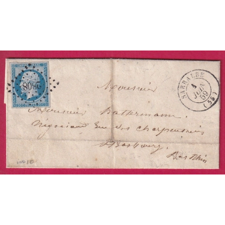 N°14 PC 2808 SARRALBE MOSELLE POUR STRASBOURG BAS RHIN LETTRE COVER FRANCE