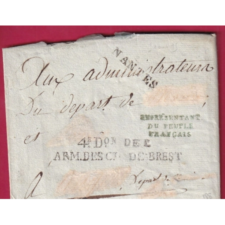 MARQUE ARMEE DES Ct DE BREST 4EM DIVISION BREST FINISTERE + REPRESENTANT DU PEUPLE FRANCAIS NANTES 1795 COVER FRANCE