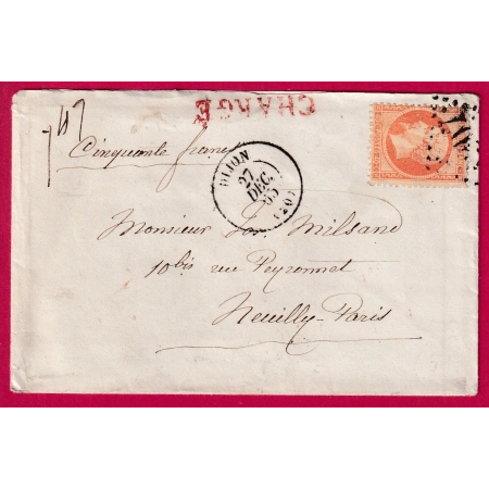 N°23 GC 1307 DIJON COTE D'OR LETTRE CHARGE POUR NEUILLY PARIS MENTION POIDS COVER FRANCE