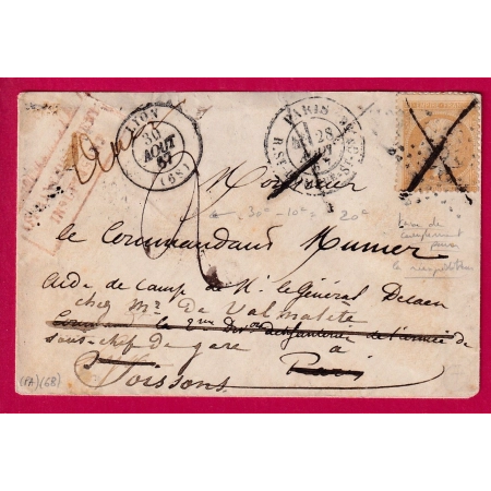 N°21 PARIS ETOILE 20 ANNULATION PLUME TAXE DE REEXPEDITION 2 LYON PUIS SOISSONS AISNE MILITAIRE LETTRE COVER FRANCE