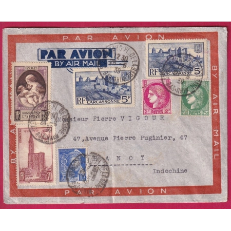 LETTRE PAR AVION STRASBOURG BAS RHIN 1939 POUR HANOI INDOCHINE SURTAXE LETTRE COVER FRANCE