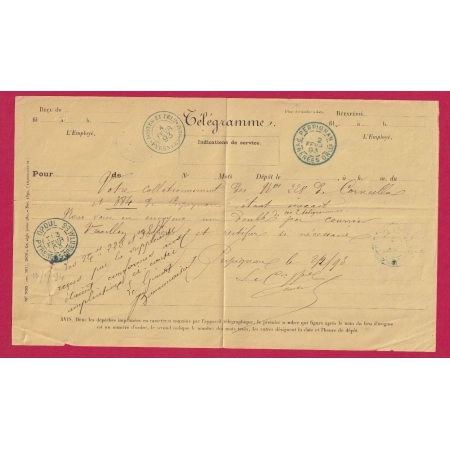 TELEGRAMME OPOUL PYERENEES ORIENTALES + CAD POSTES ET TELEG EN BLEU PERPIGNAN 1893 LETTRE COVER FRANCE