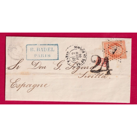 N°23 PARIS ETOILE 1 BELLE TAXE 24 SEVILLA ESPAGNE DEVANT DE LETTRE FRONT COVER 1866 FRANCE