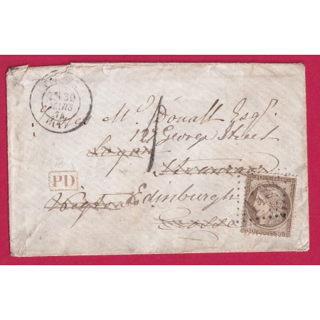 N°56 PC 1484 FERNEX AIN 1874 TAXE 1 TAMPON REEXPEDITION EDINBURGH ECOSSE SCOTLAND LETTRE COVER FRANCE
