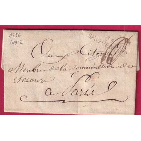 MARQUE 55 SARREGUEMINES 1796 MOSELLE EN FRANCHISE POUR LA COMMISSION DE SECOURS PARIS LETTRE COVER FRANCE