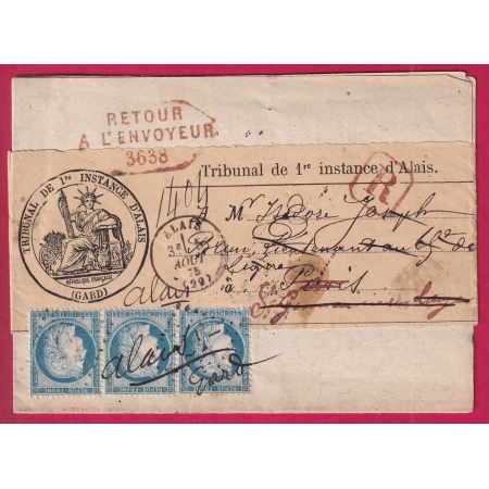 N°60 BANDE DE TROIS ANNULATION PLUME ALAIS GARD CAD TYPE 16 RETOUR ENVOYEUR 3638 ST GERMAIN EN LAYE LETTRE COVER FRANCE