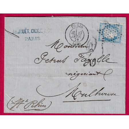 N°60 PARIS BUREAU CENTRAL + ETOILE PLEINE 1872 TAXE ALLEMANDE 2 EN BLEUE MULHOUSE HAUT RHIN LETTRE COVER FRANCE