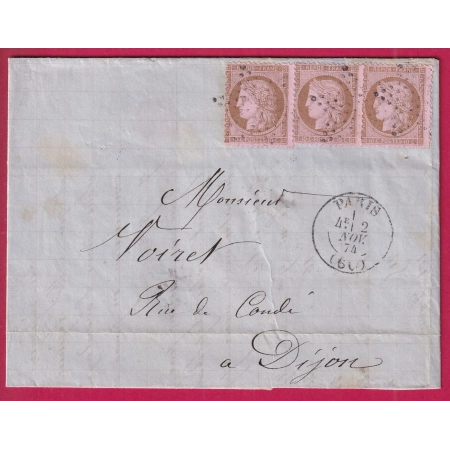 N°58 X3 PARIS BUREAU CENTRAL ETOILE PLEINE POUR DIJON COTE D'OR 5C EN TROP LETTRE COVER FRANCE