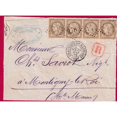 N°56 BANDE DE 4 GC 978 CHAUMONT EN BASSIGNY HAUTE MARNE RECOMMANDE MONTIGNY LE ROI DEVANT DE LETTRE COVER FRANCE