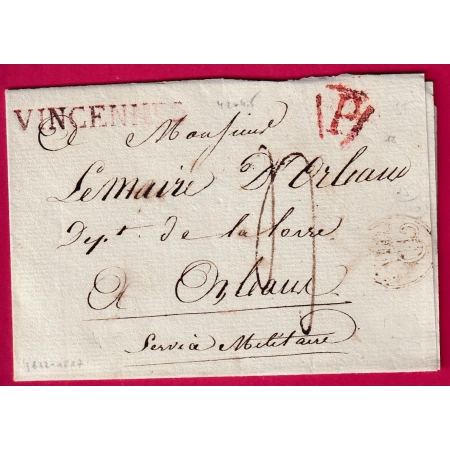 MARQUE P DE PARIS + VINCENNES EN ROUGE 42X4.5mm NON SIGNALE PAR LENAIN POUR ORLEANS LOIRET LETTRE COVER FRANCE