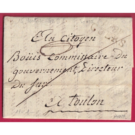 MARQUE P78P CUERS VAR AN9 1801 POUR TOULOUN INDICE 14 LETTRE COVER FRANCE