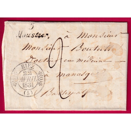 CURSIVE 5 MOUSTIER BASSES ALPES + CAD TYPE 11 RIEZ POUR MANOSQUE 1831 LETTRE COVER FRANCE