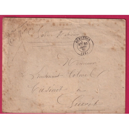 GUERRE 1870 GARDE MOBILE AUBUSSON CREUSE POUR GUERET FRANCHISE LE CHEF DU 1ER BATAILLON LETTRE COVER FRANCE