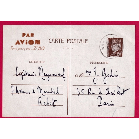 ENTIER 80C PETAIN SURTAXE AVION 2F80 RABAT MAROC POUR PARIS 1942 LETTRE COEVR FRANCE