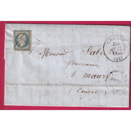 N°14 CAD TYPE 13  PC 1425 GRAMAT LOT 30 JUILLET 1854 MAURS CANTAL INDICE 16 LETTRE COVER FRANCE