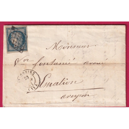 N°4 TTB BLEU SUR JAUNATRE GRILLE ST GENIEZ AVEYRON POUR ESPALION LETTRE COVER FRANCE