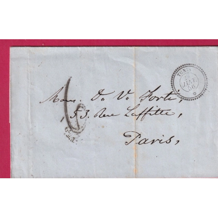 CAD TUNIS TUNISIE TYPE 22 BFE TAXE TAMPON 6 POUR PARIS 1856 VIA BONE ALGERIE LETTRE COVER FRANCE