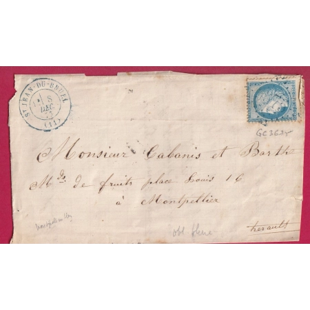 N°60 GC 3675 EN BLEU ST JEAN DU BRUEL EN BLEU AVEYRON POUR MONTPELLIER RARE NON SIGNALE LETTRE COVER FRANCE