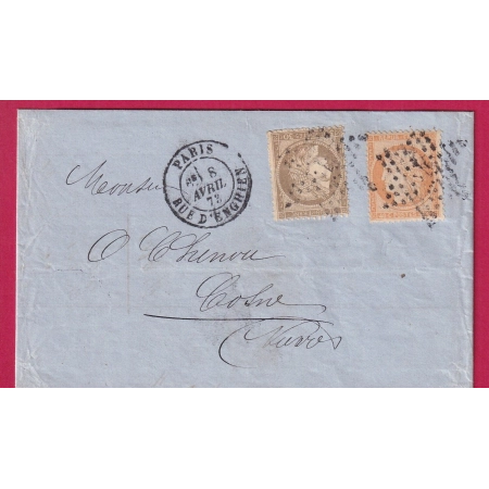 N°38 56 PARIS RUE D'ENGHIENS ETOILE 4 EX 24 POUR COSNES NIEVRE 1873 LETTRE COVER FRANCE