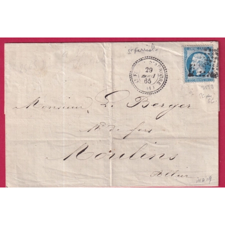 N°22 PC DU GC 3592 ST FERREOL D'AUROURE HAUTE LOIRE CAD TYPE 22 POUR MOULINS INDICE 19 BUREAU PASSE LETTRE COVER FRANCE