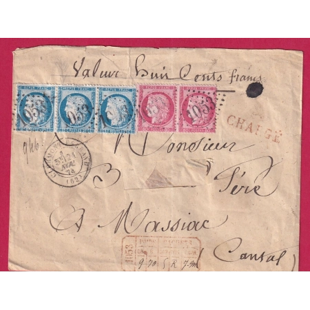 N°57 PAIRE + 60 BANDE DE 3 GC 1053 CLERMONT FERRAND LETTRE CHARGE POUR MASSIAC CANTAL COVER FRANCE