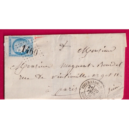 N°60 GC 1460 EYGURANDE D'USSEL CORREZE CAD TYPE 18 17BIS POUR PARIS LETTRE COVER FRANCE