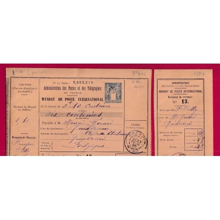 ENTIER SAGE MANDAT POSTE INTERNATIONAL VOYAGE CRESPIN NORD POUR QUIEVRAIN NORD 1895 AVEC TALON DETACHE LETTRE FRANCE