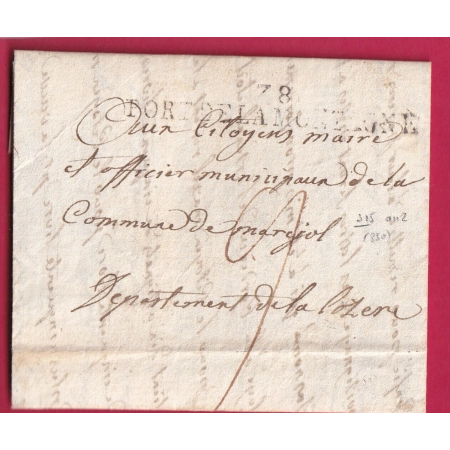 MARQUE REVOLUTIONNAIRE 78 PORT LA MONTAGNE TOULON 1794 INDICE 15 MARVEJOLS LOZERE LETTRE COVER FRANCE