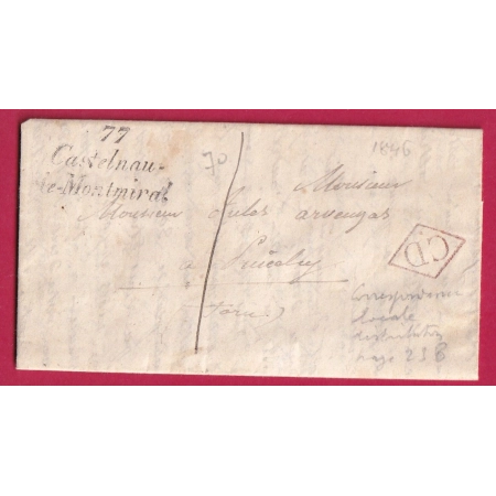 CURSIVE 77 CASTELNAU DE MONTMIRAIL 1846 LOSANGE CD EN ROUGE TAXE LOCALE 1  LETTRE COVER FRANCE