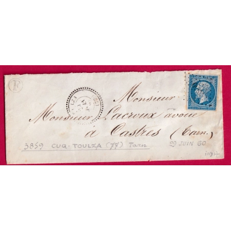 N°14 PC 3859 CUQ TULZA TARN CAD TYPE 22 POUR CASTRES INDICE 17 LETTRE COVER FRANCE
