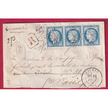 N°60 BANDE DE 3 GC 4806 LACAZE TARN RECOMMANDE POUR PARIS SIGNE POTHION RARE INDICE 18 LETTRE COVER FRANCE