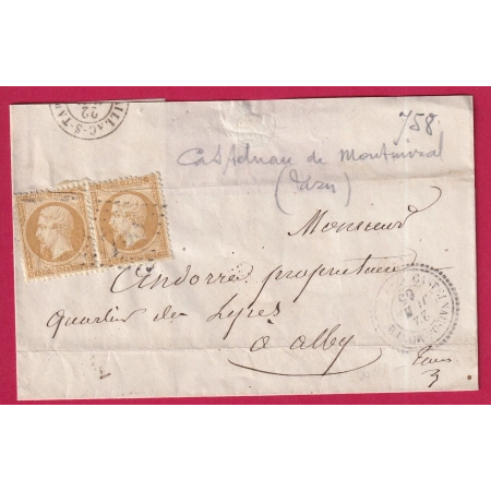 N°21 PAIRE GC 758 CASTELNAU DE MONTMIRAIL TARN POUR ALBI CAD TYPE 22 LETTRE COVER FRANCE