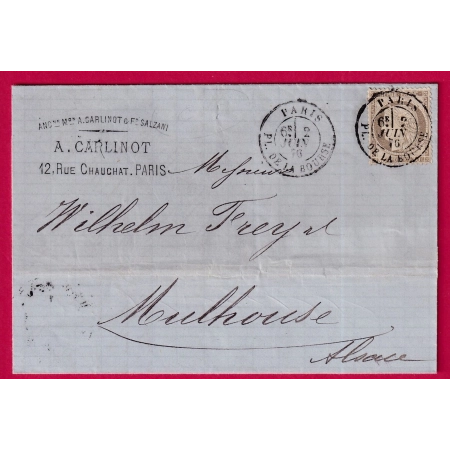 N°56 CAD PARIS PL DE LA BOURSE POUR MULHOUSE ALSACE LORRAINE LETTRE COVER FRANCE