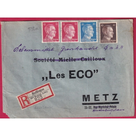 ALSACE LORRAINE HITLER ROSSELANGE MOSELLE RECOMMANDE DOUBLE PORT METZ 1942 LETTRE COVER FRANCE